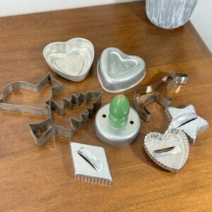 Vintage Lot of Aluminum Cookie Cutters, Mini Cake Pans Heart Donut Star Tree